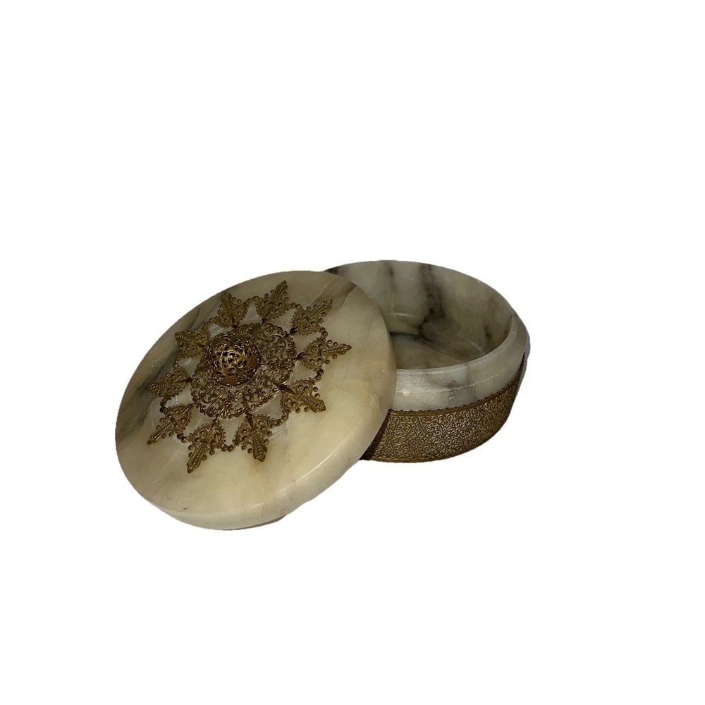 (6)VINTAGE GERMAN GILT FILIGREE ALABASTER MARBLE ART DECO NUDE POWDER‎ BOX JAR